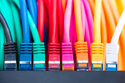 A series of colored ethernet patch cables. Networking issues were the downfall of the first Flash Mob Computing event.
